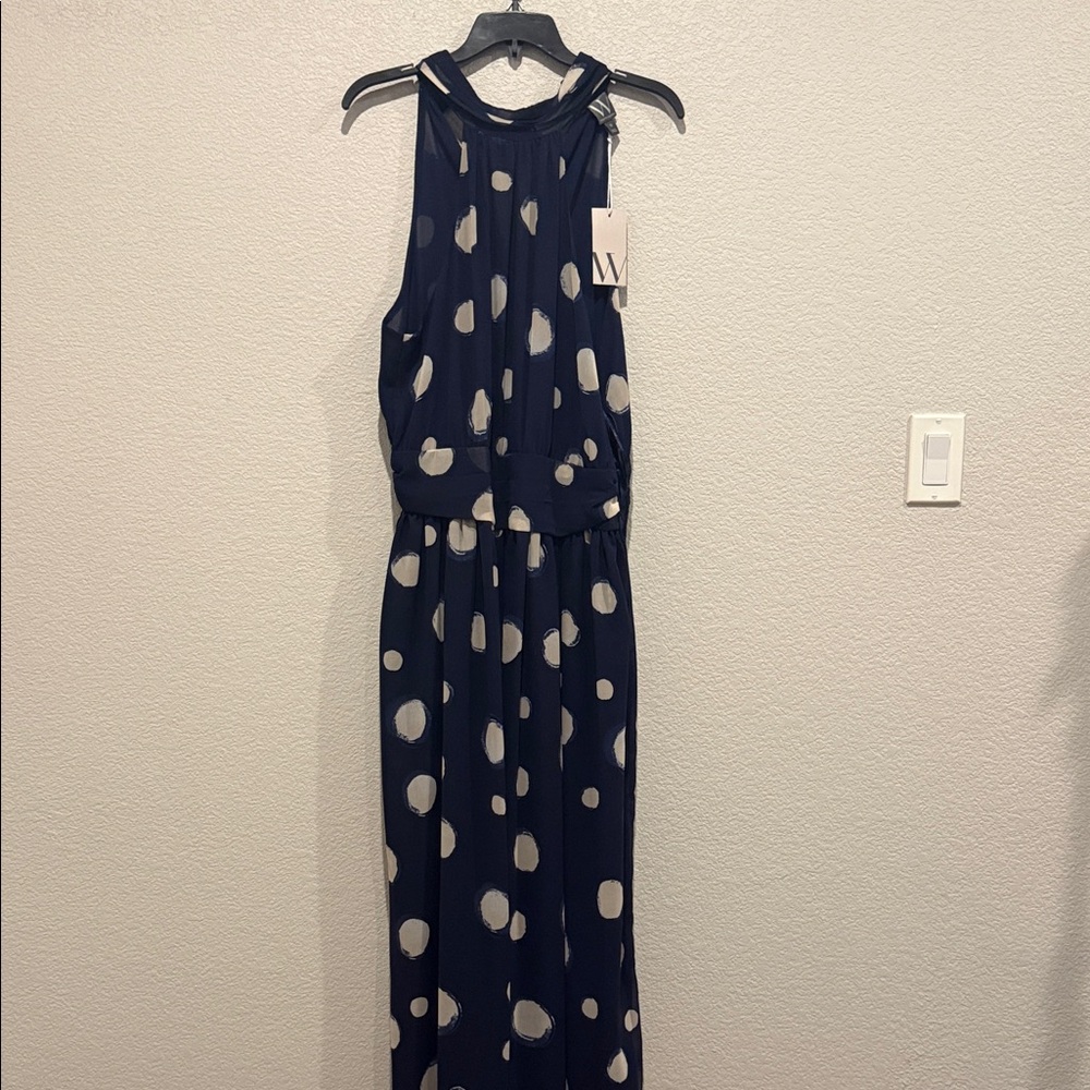 Worthington Navy and White Polka Dot Halter Maxi Dress